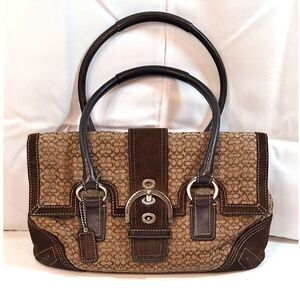 Coach Soho Signature Buckle Flap Shoulder Bag Brown Canvas Suede H05S-3648